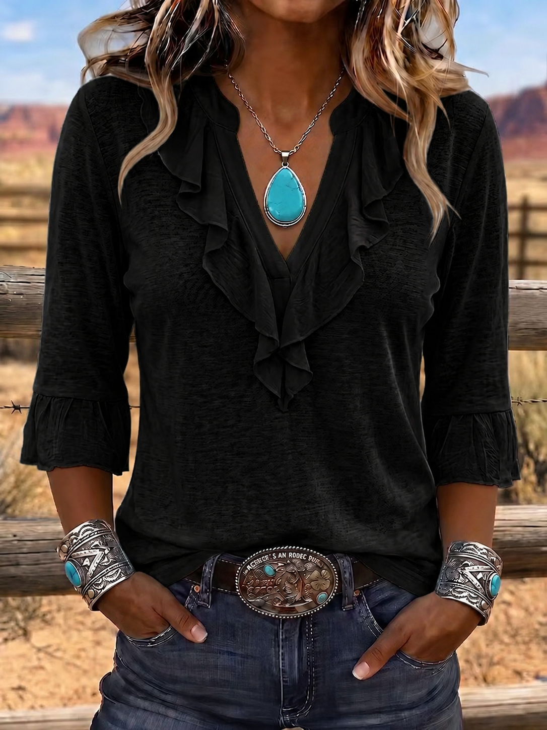 Top casual de mujer de estilo vaquero con cuello en V, volantes y algodón y lino