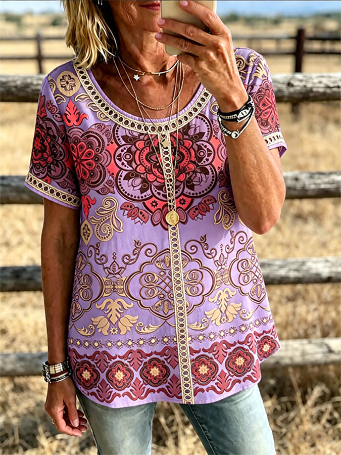 Blusa casual vaquera con estampado de mandala, ribete y manga corta