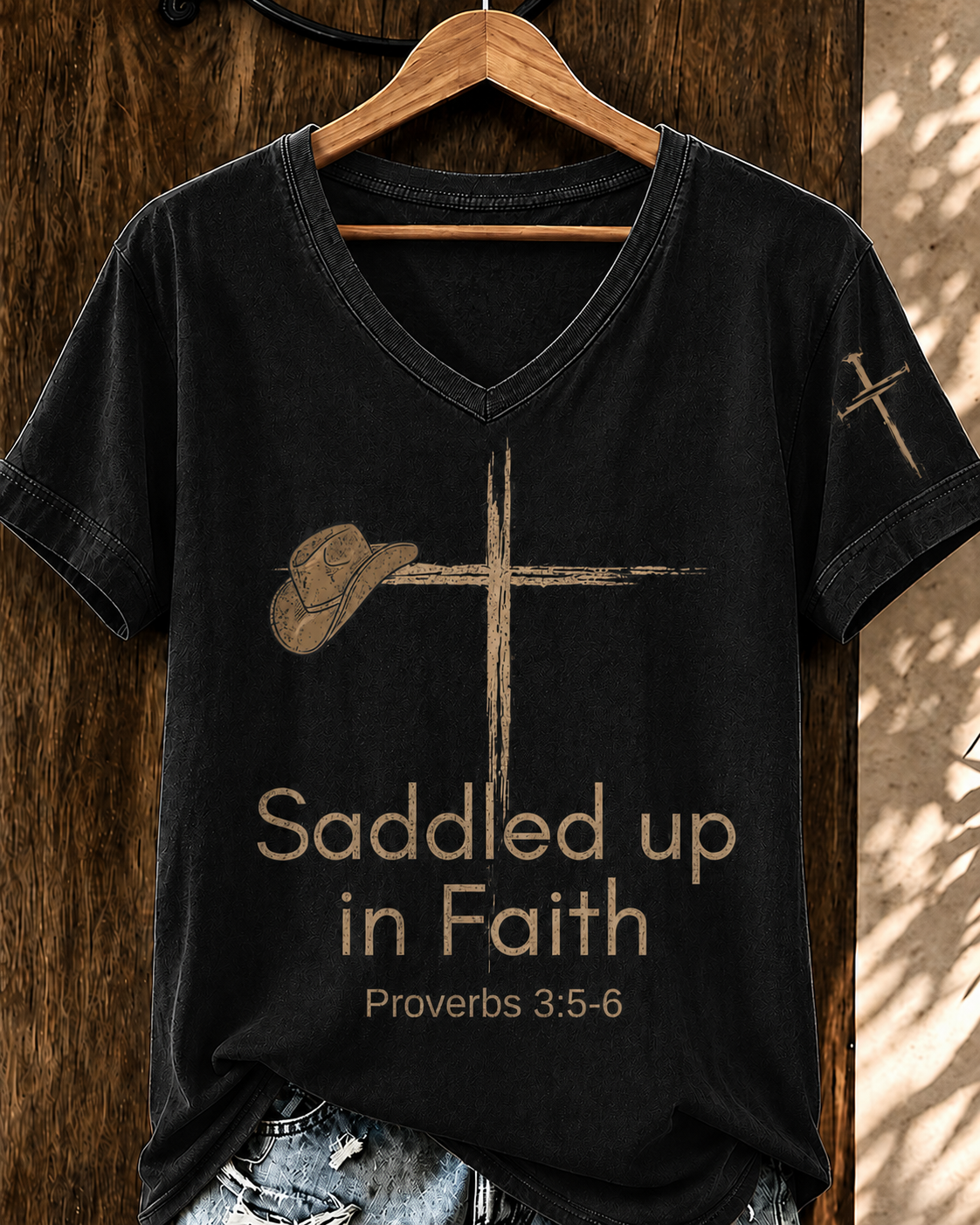 Damen Retro WesternSaddled Up in Faith V-Ausschnitt T-Shirt