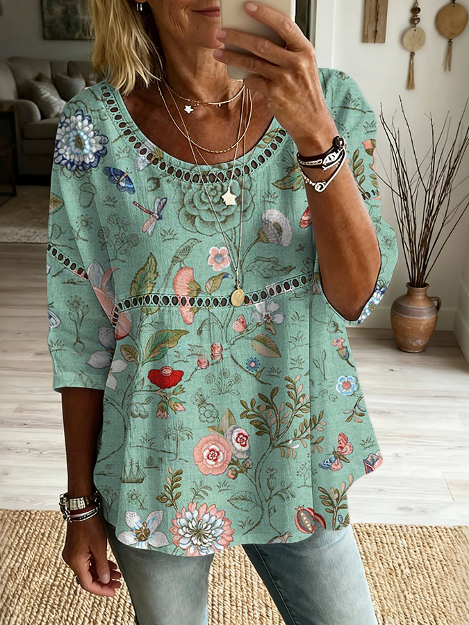 Top informal estampado con arte floral multicolor para mujer