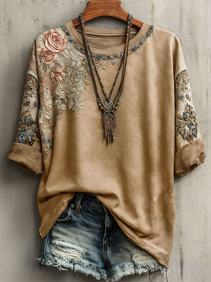 Camiseta informal vintage estampada de manga corta para mujer