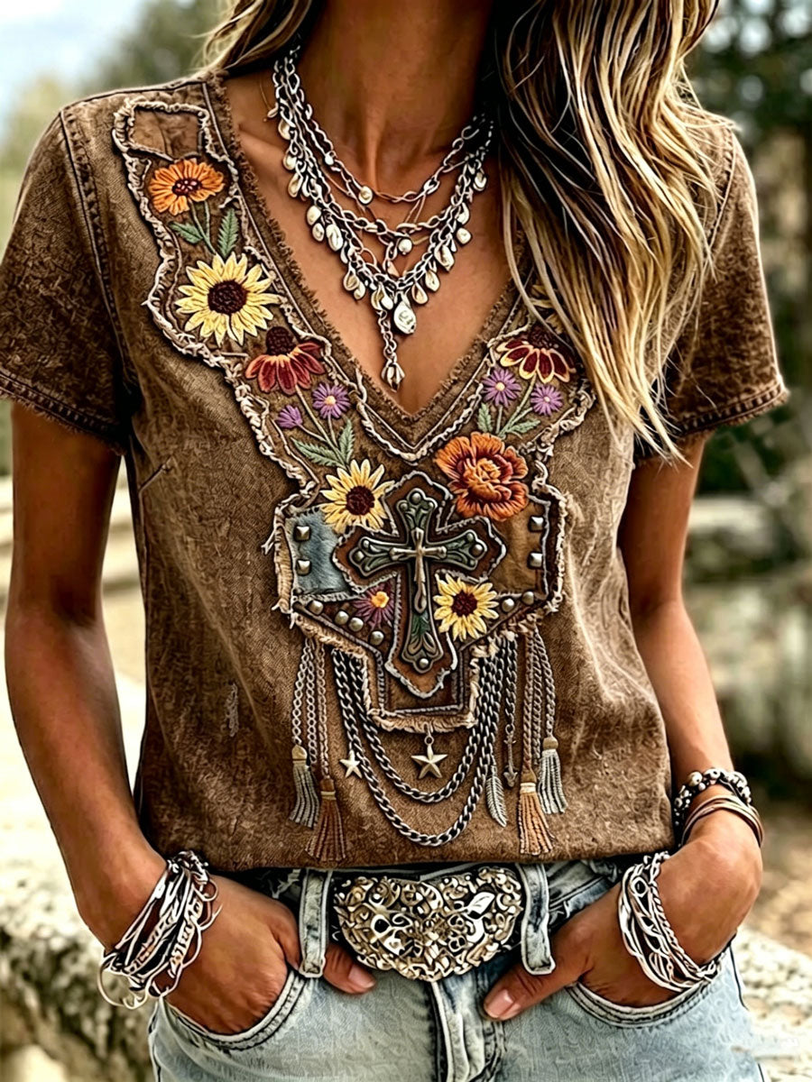 Camiseta informal de estilo western retro y de fe para mujer