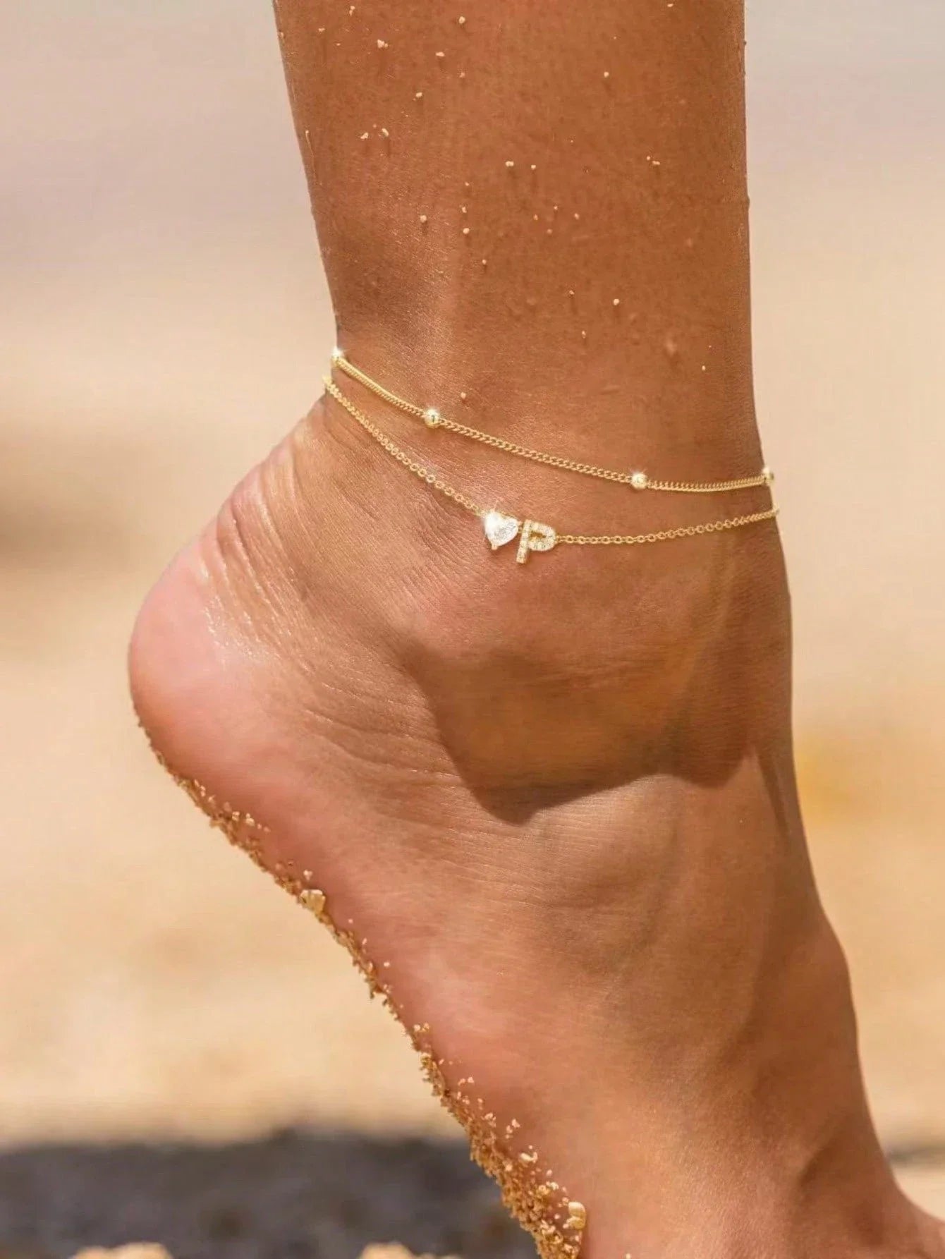 Gold Heart Charm Initial Anklet
