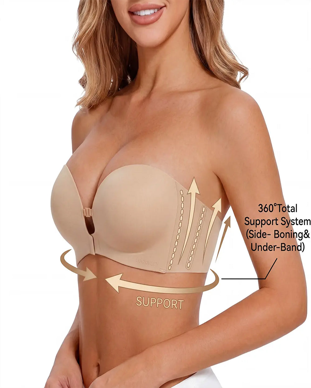Women's Strapless Bra with Dual Front Buckle | Anti-Slip Wireless Full Support Bra