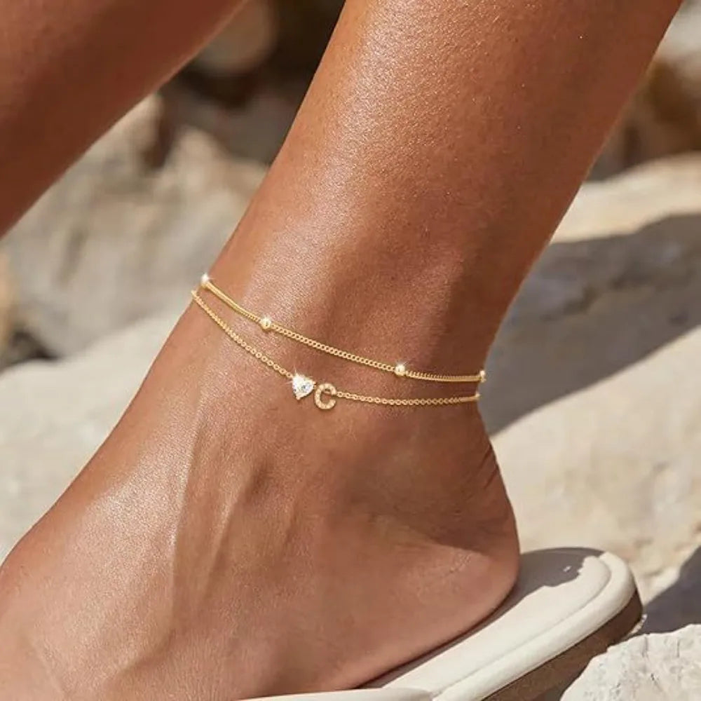 Gold Heart Charm Initial Anklet