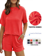 Textured Ribbed Top & Shorts Lounge Set