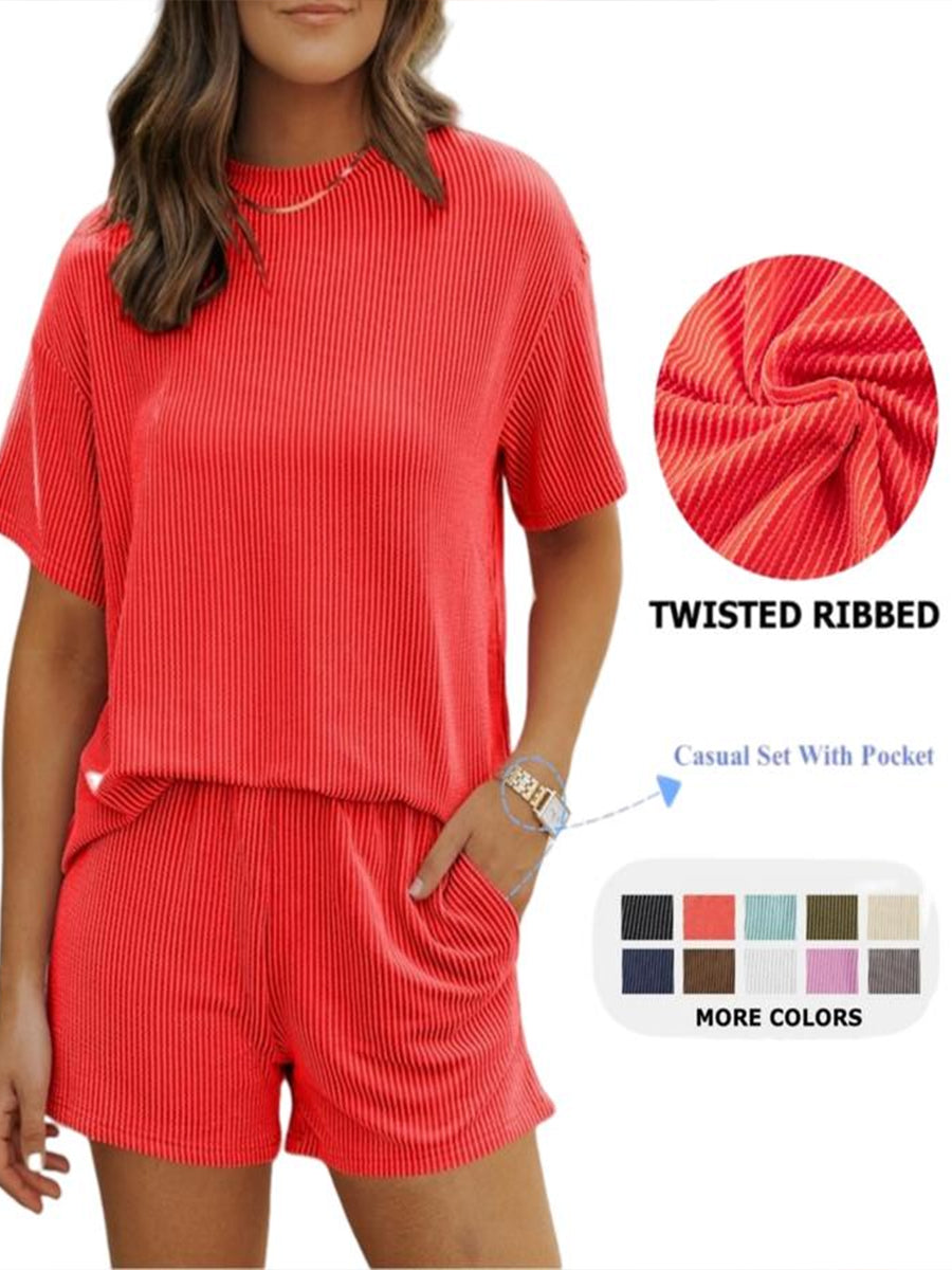 Textured Ribbed Top & Shorts Lounge Set