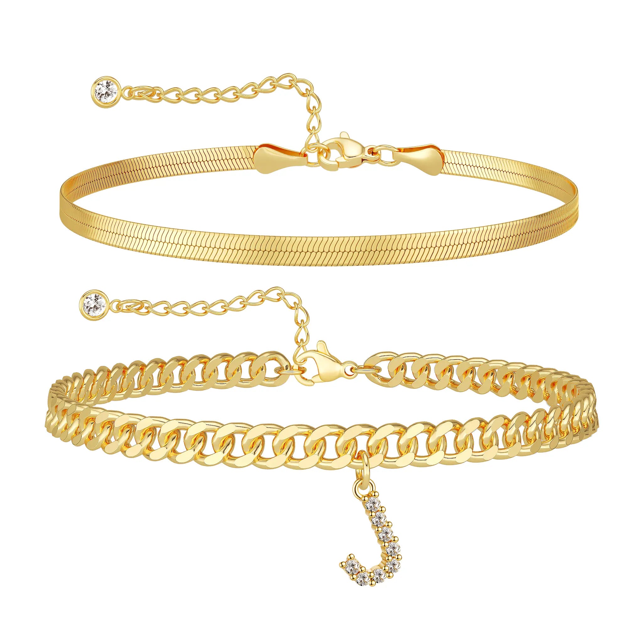Women's Gold Stackable Anklet Set with Letter Pendant