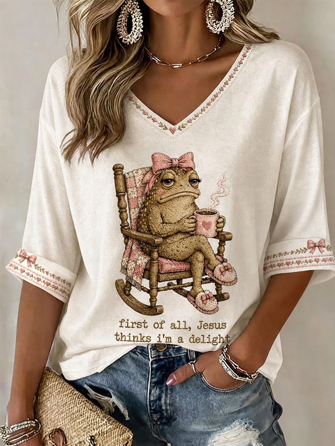 Damen-T-Shirt mit Aufschrift „Jesus Thinks I’m Cute“, bedruckt, leger
