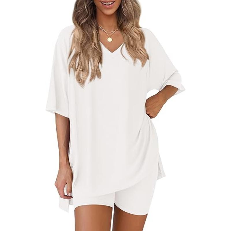 Women’s Buttery-Soft V-Neck Lounge Set – Oversized Split-Hem Top & Biker Shorts