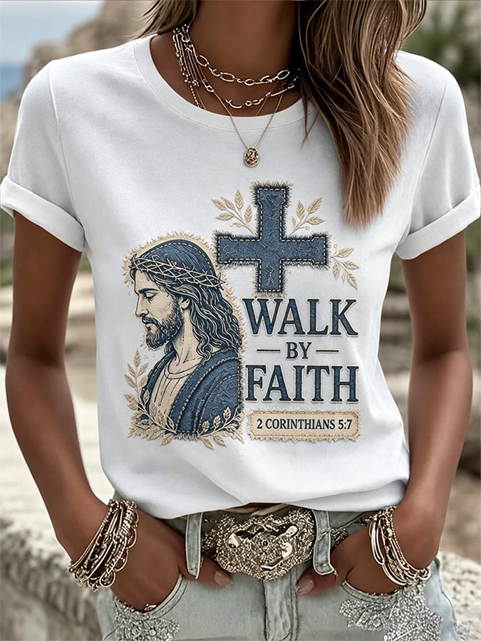 Camiseta retro con estampado «Camina por fe» para mujer