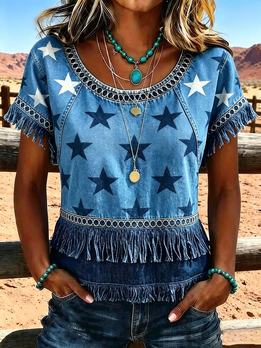 Camisa informal vintage de estilo western estadounidense para mujer, con motivo del 250.º aniversario y paneles con flecos
