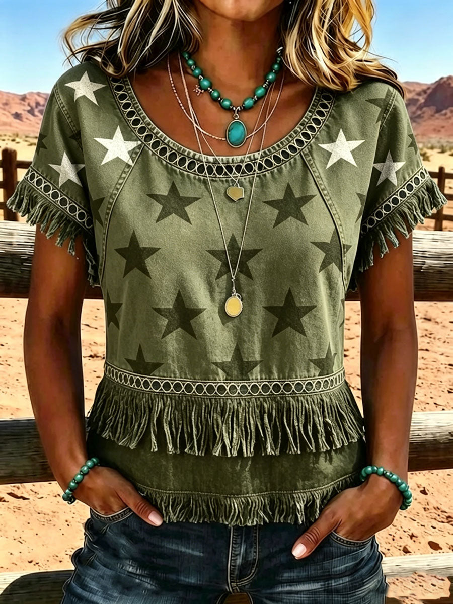 Camisa informal vintage de estilo western estadounidense para mujer, con motivo del 250.º aniversario y paneles con flecos