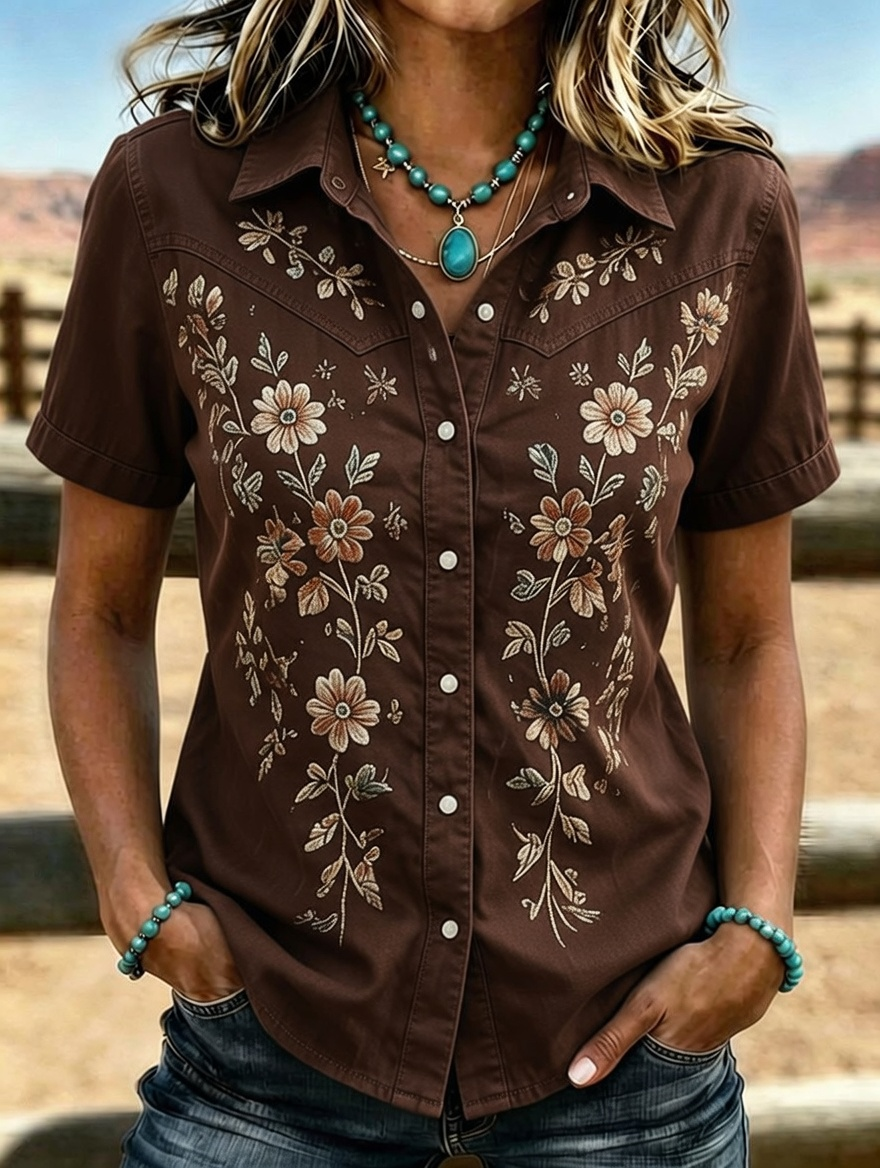 Camisa western de manga corta con bordado floral para mujer