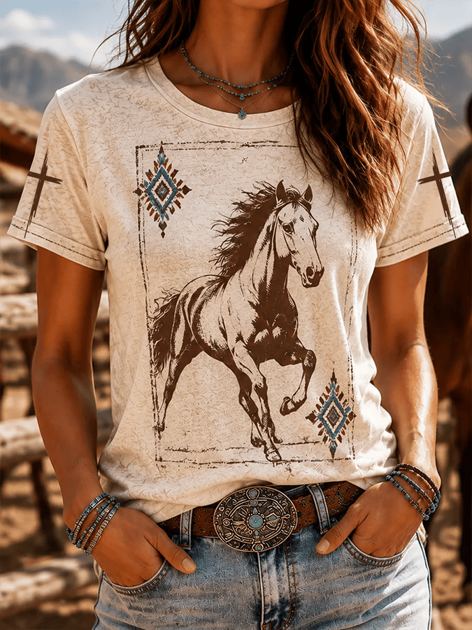 Women'S Western Style Animal Cross Round Neck T-Shirt