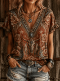 Women's Vintage Western-Print V-Neck Top