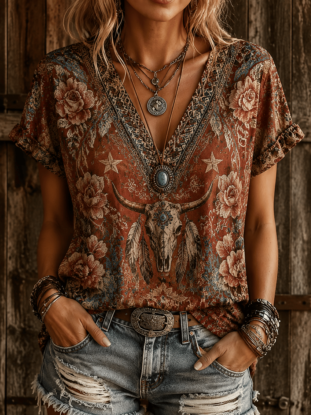Women's Vintage Western-Print V-Neck Top