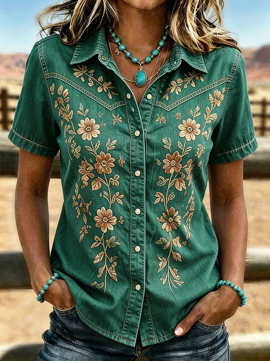 Camisa western de manga corta con bordado floral para mujer