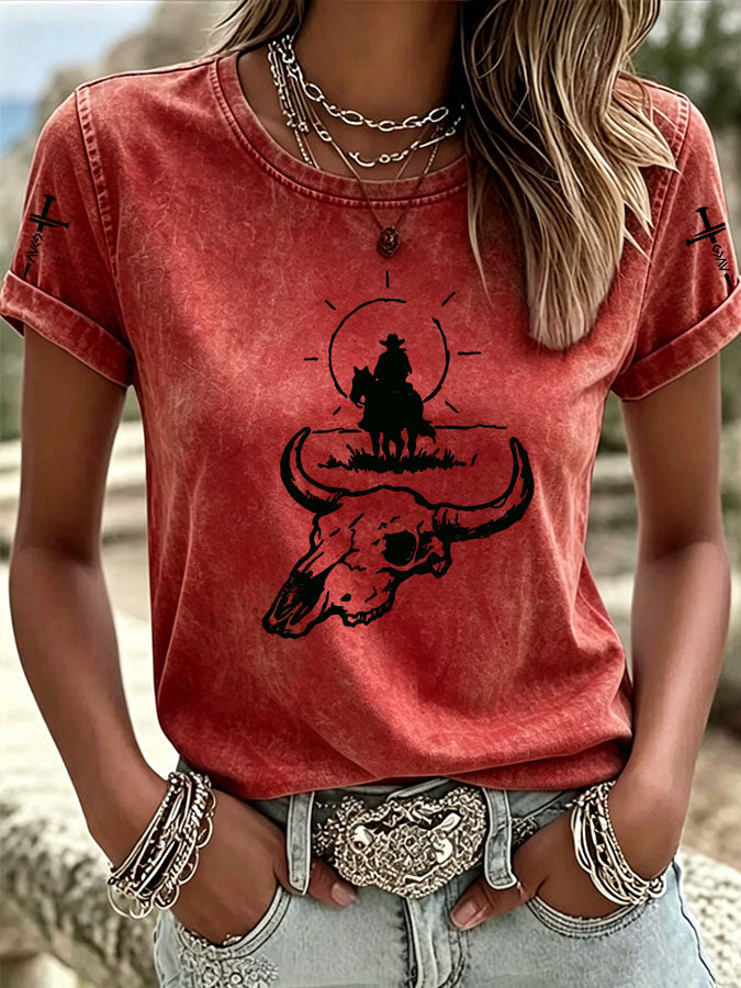 Camiseta casual de mujer de estilo vaquero con «American Love Jesus» y cuello redondo