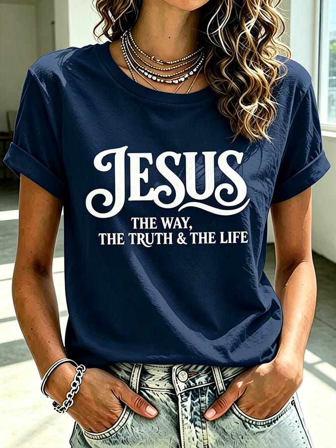 Parte superior estampada de fe con cruz para mujer: «Jesús, el camino, la verdad y la vida»