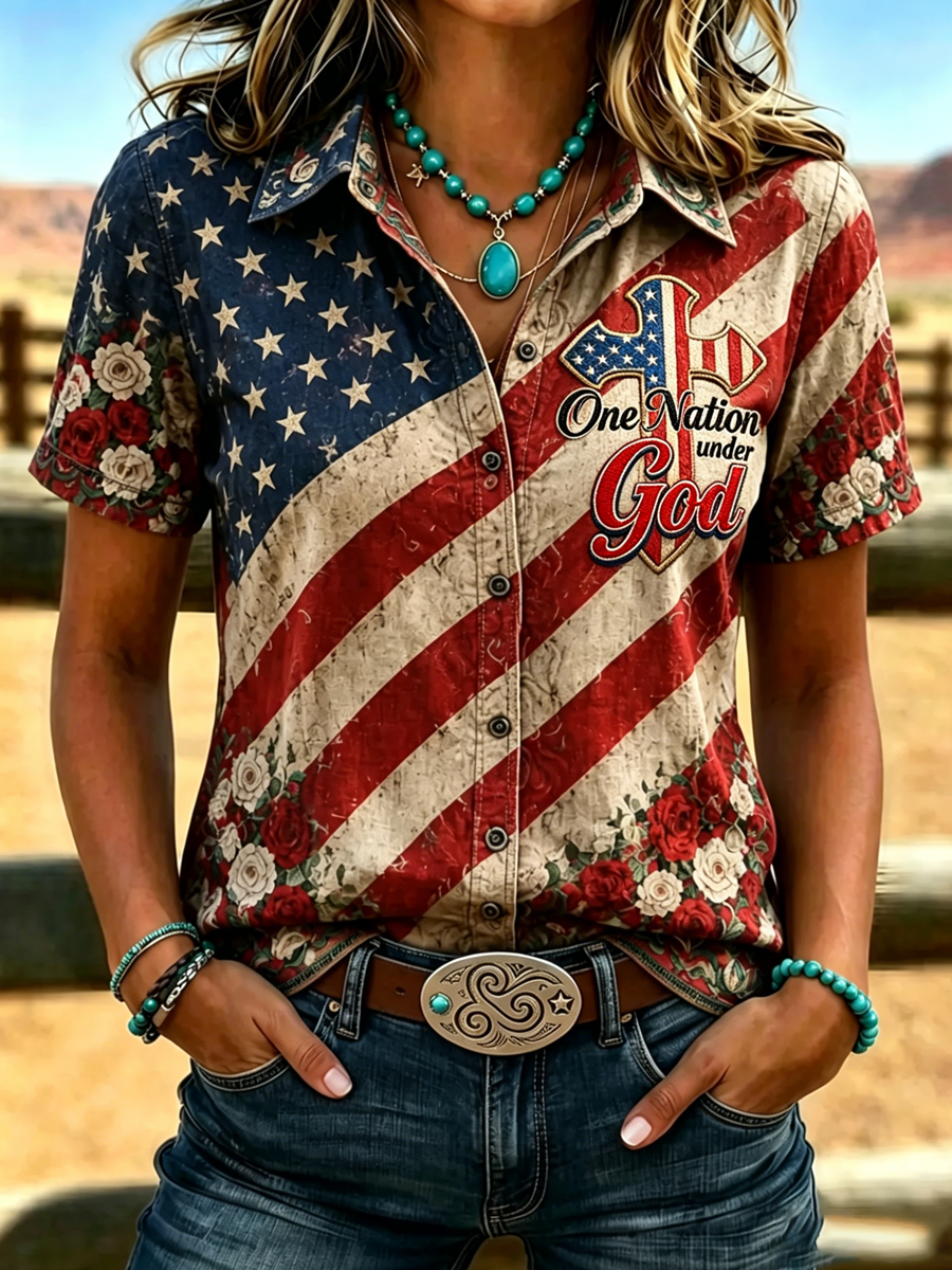 Women's retro Western style patriotic printed short sleeved shirt