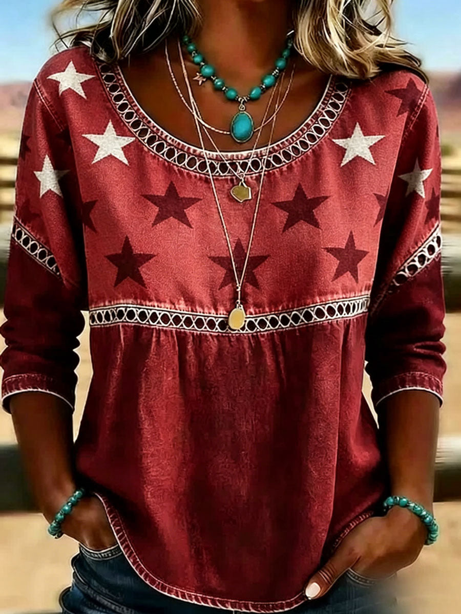 Top informal para mujer de algodón y lino, con cuello redondo y estampado
