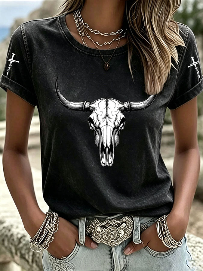Camiseta casual de mujer western americana con cruz