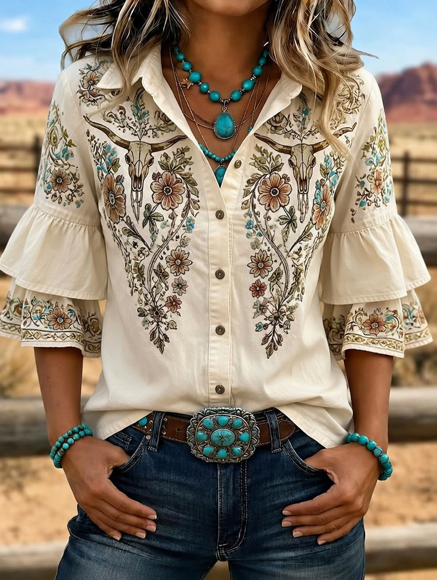 Camisa vaquera de mujer con calavera de toro bordada y mangas con volantes