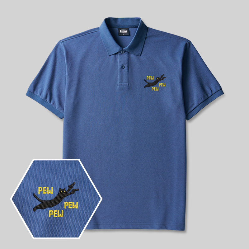Pew Pew Pew Cat Geek Embroidered Polo Shirt
