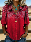 Retro Printed Casual Bubble Sleeve Shirt
