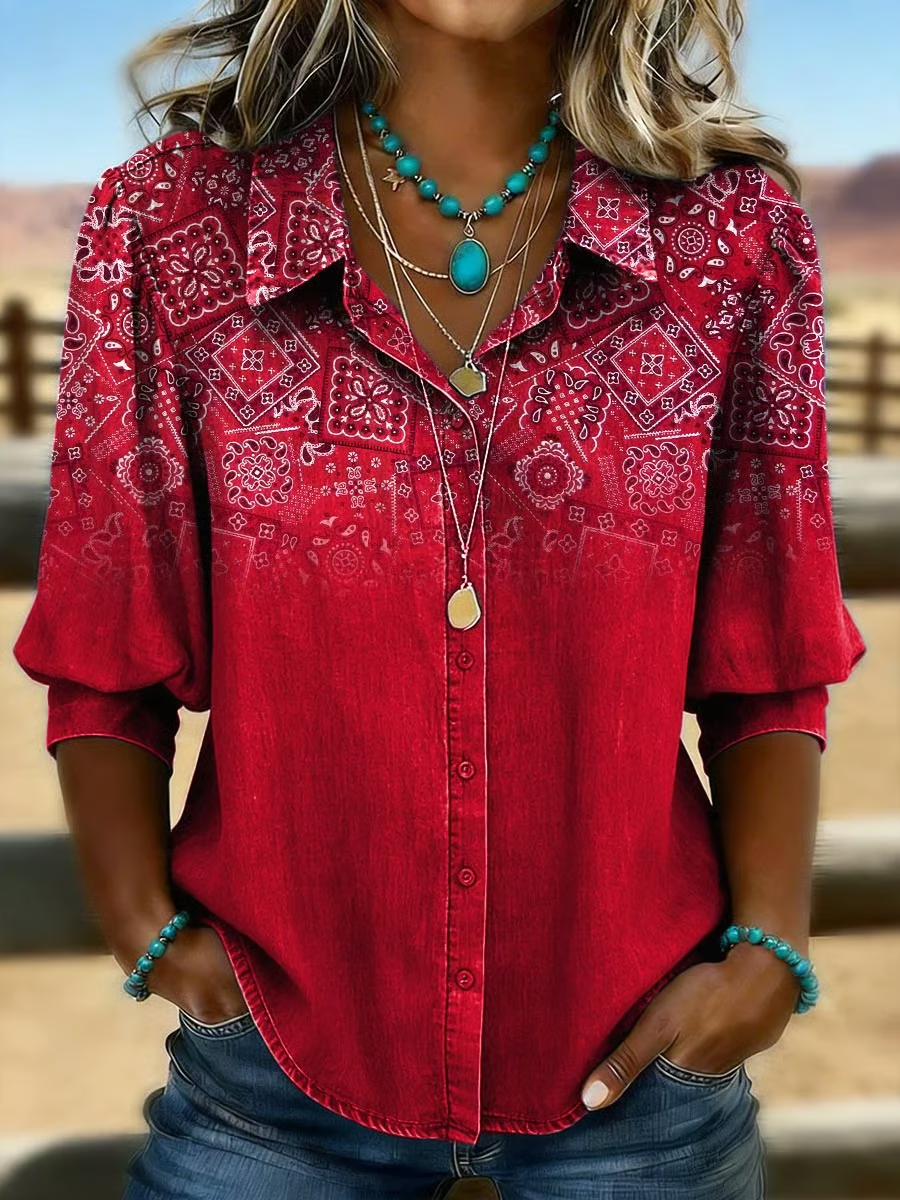 Retro Printed Casual Bubble Sleeve Shirt