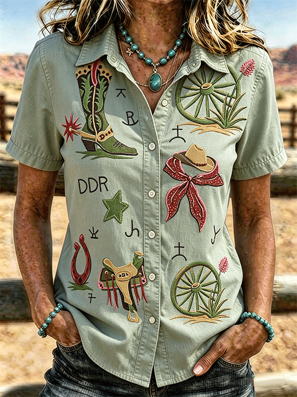 Camisa western de manga corta con bordado de bota vaquera y herradura