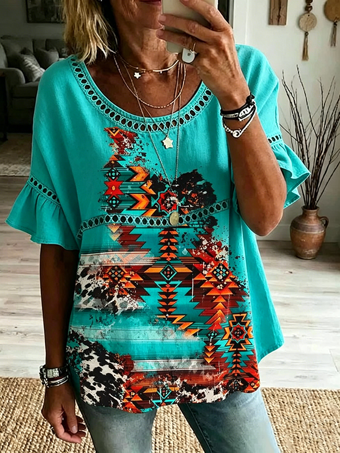 Women's Aztec Cow Print Trim Ruffle Sleeve Western Top