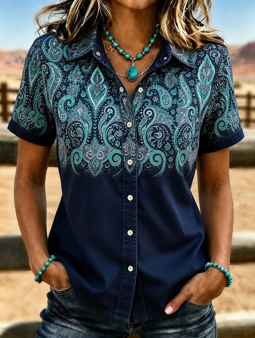 Camisa western de manga corta para mujer con estampado paisley floral en turquesa degradado