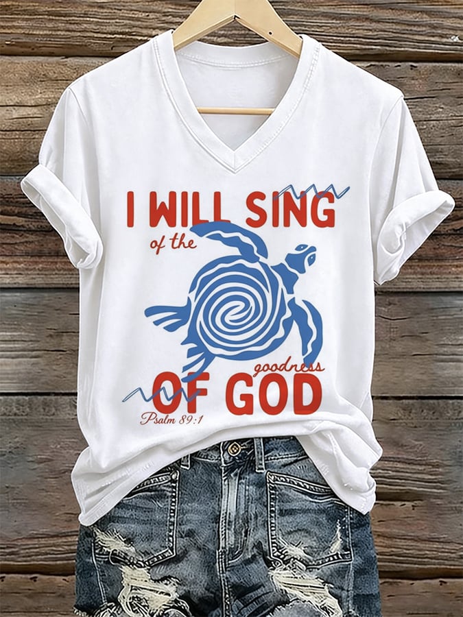 Damen Strandurlaub und Freizeit Meeresschildkröte Ich werde von der Güte Gottes singen T-Shirt mit Glaubensaufdruck