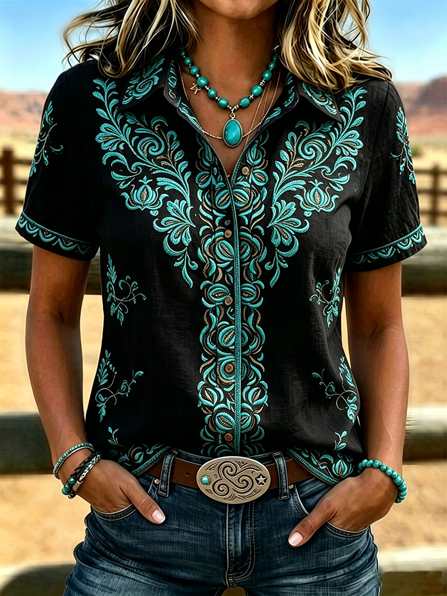 Camisa estampada de arte étnico retro para mujer
