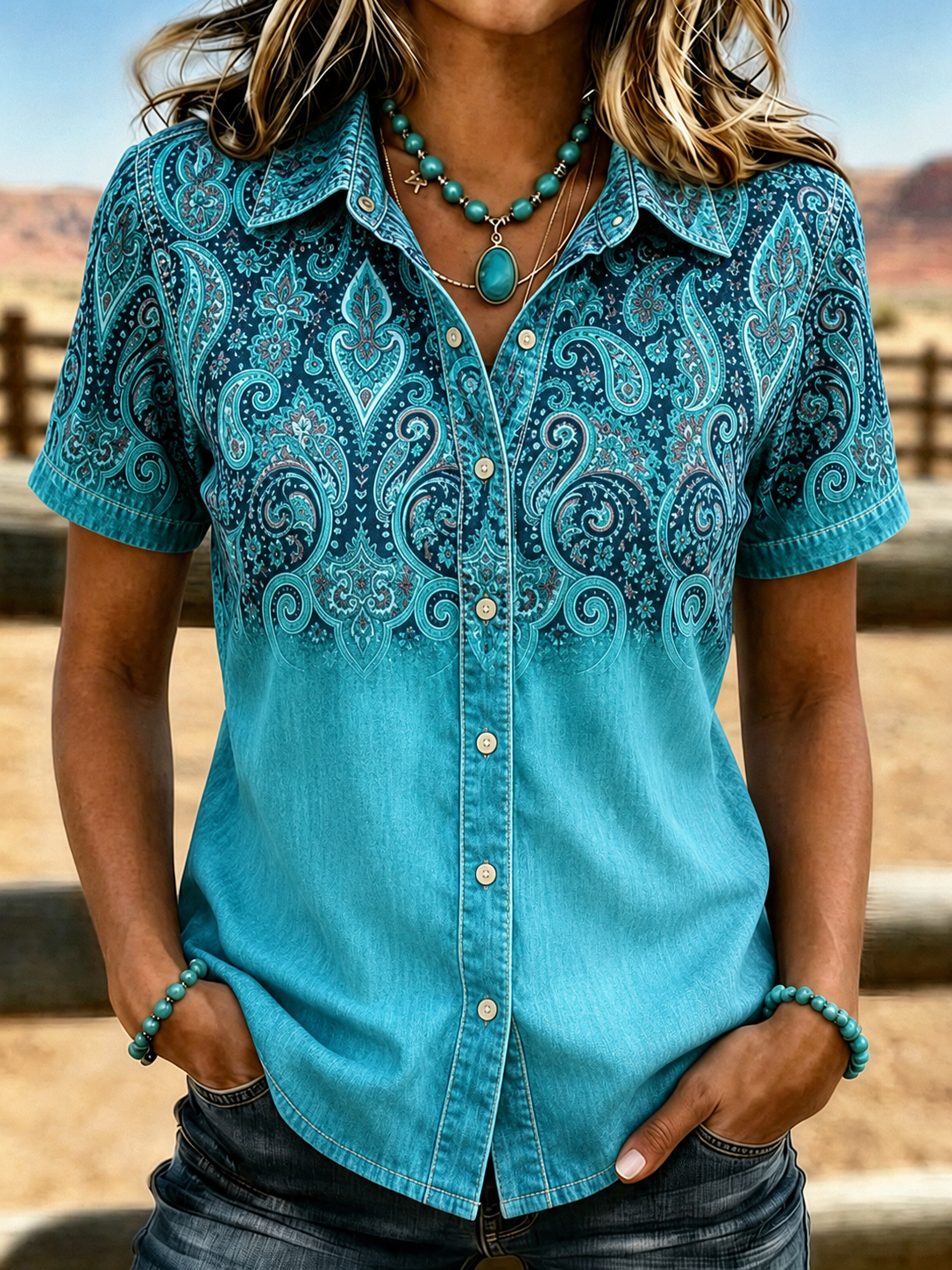 Camisa western de manga corta para mujer con estampado paisley floral en turquesa degradado