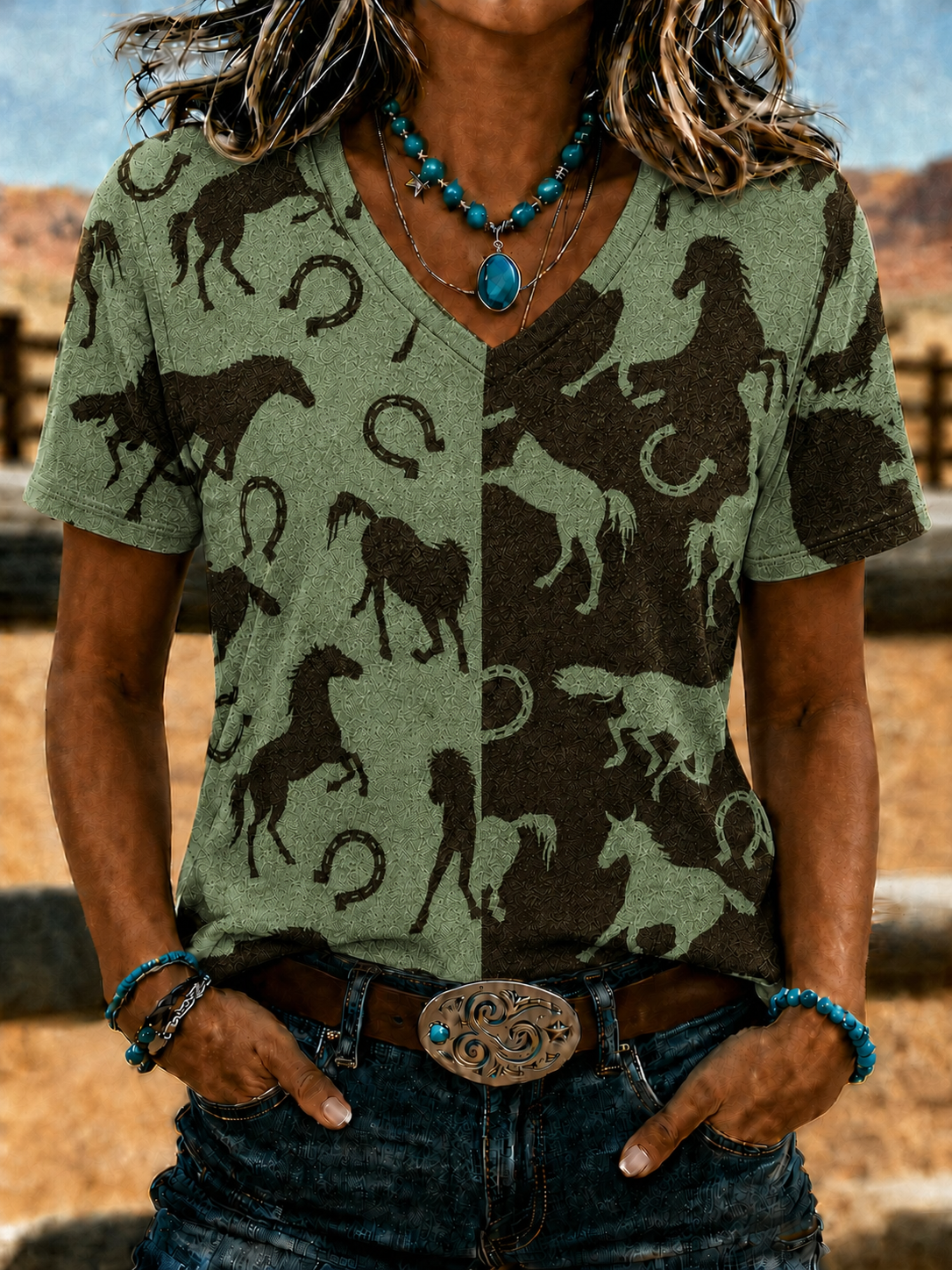 Women'S Retro Western Style Horse Print V-Neck T-Shirt