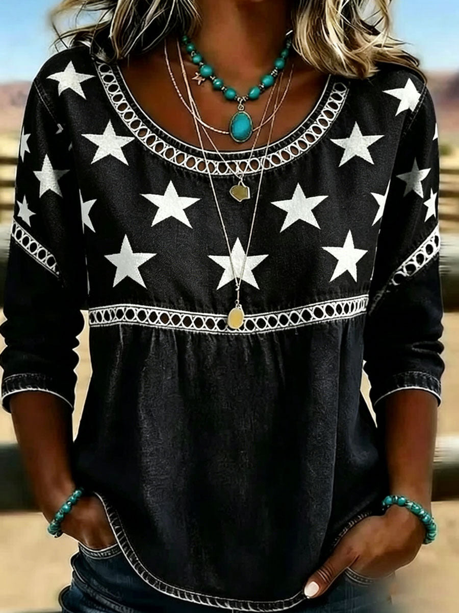 Top informal para mujer de algodón y lino, con cuello redondo y estampado
