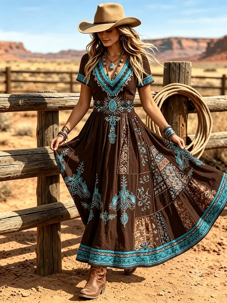 Women's Retro Western Print Short-Sleeve Dress
