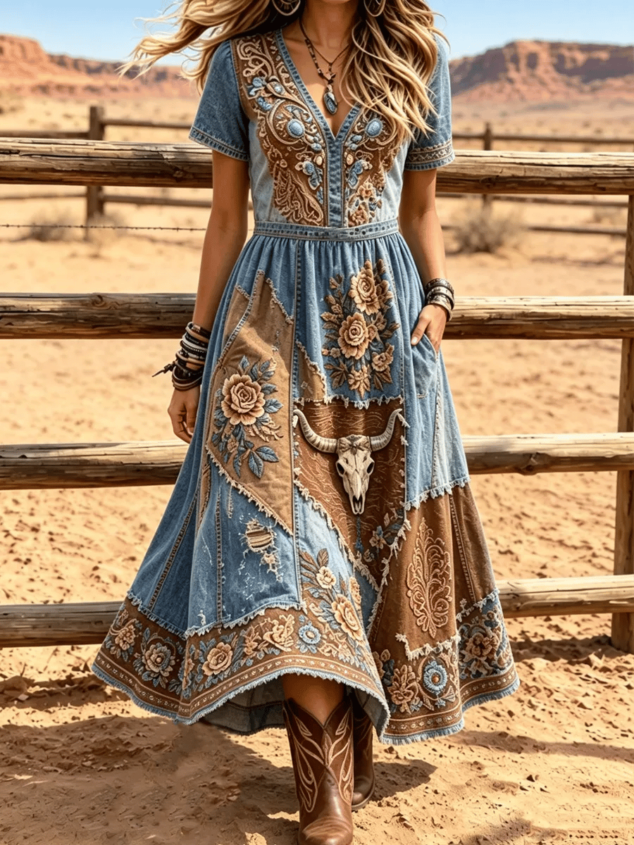 Women's Retro Western Print Short-Sleeve Dress