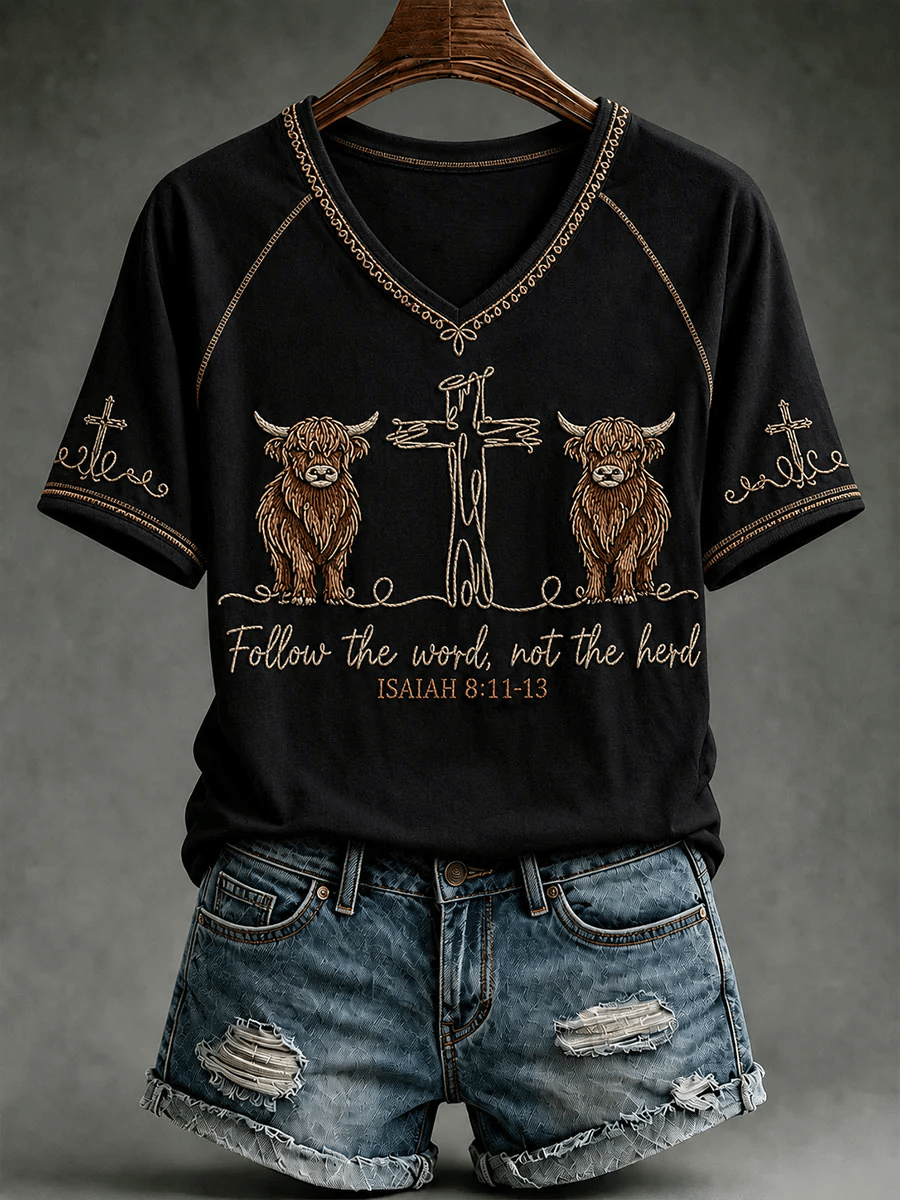 Women's Highland Cow Follow The Word Not The Herd Printing T-Shirts