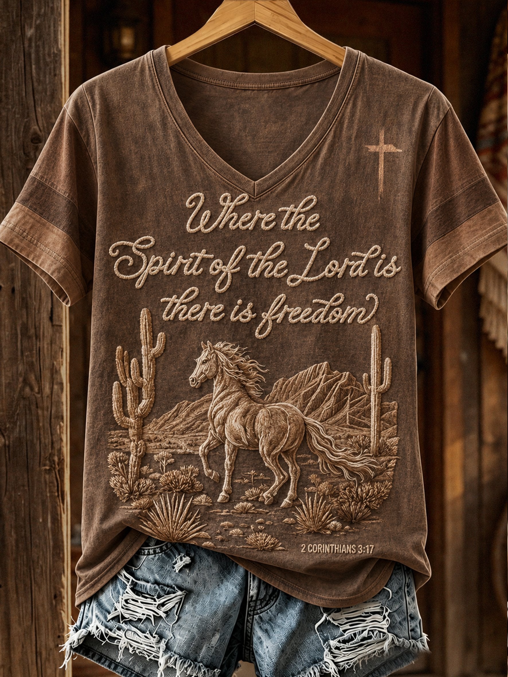 Women's Western Faith Print V-Neck Top