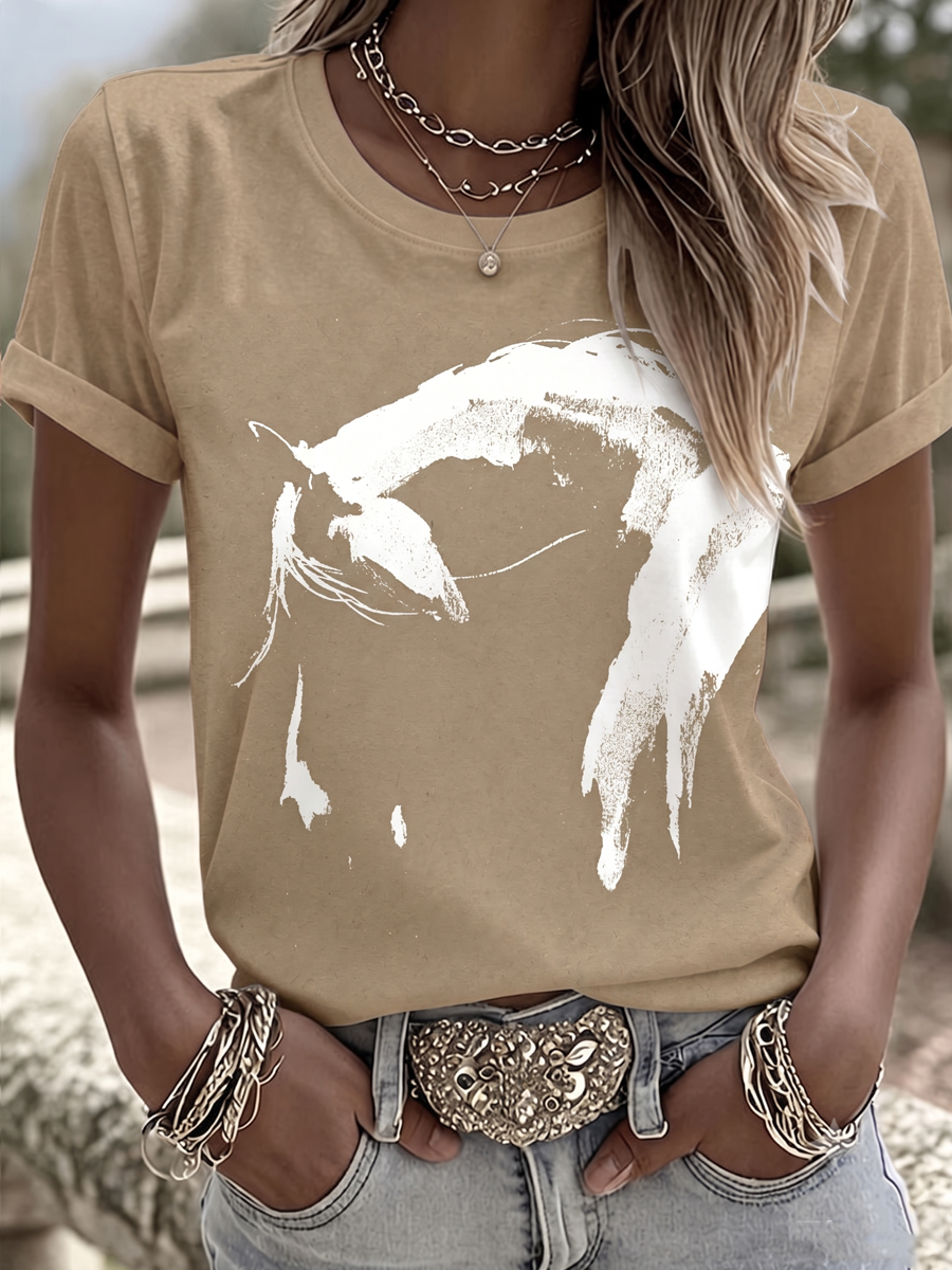 Women's Western style animal cross round neck T-shirt