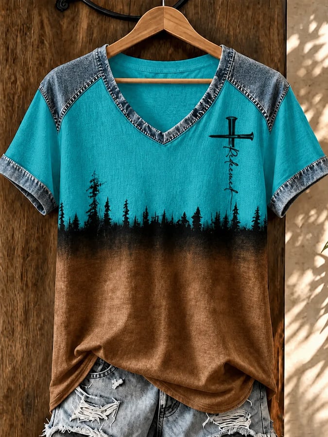 Top escotado en V con estampado vintage western de fe para mujer