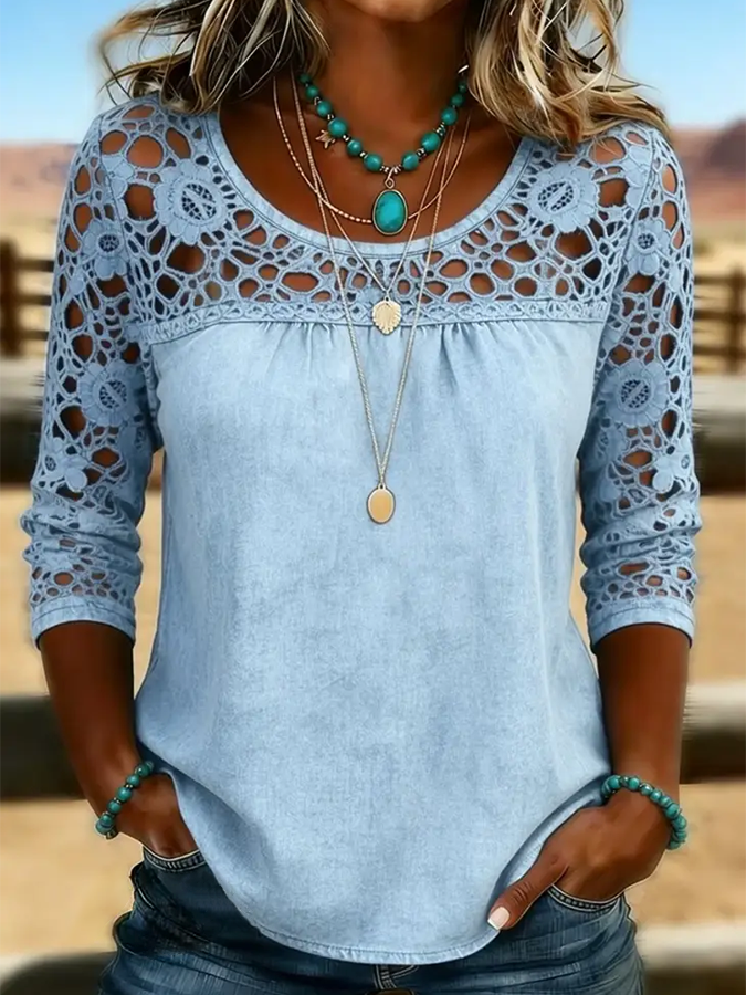 Camisa vaquera informal holgada de color liso con encaje para mujer