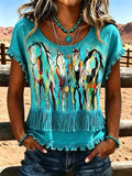 Women'S Casual Tassel Patchwork Printed Top