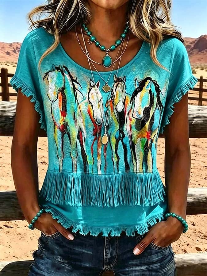 Women'S Casual Tassel Patchwork Printed Top