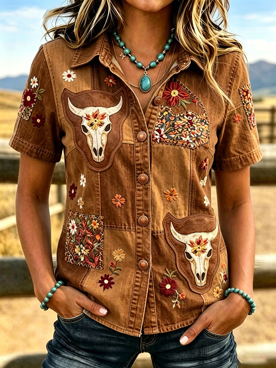 Camisa de mujer de estilo vaquero con estampado floral retro de animales