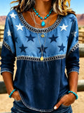 Women's Casual Round-Neck Printed Cotton-Linen Top
